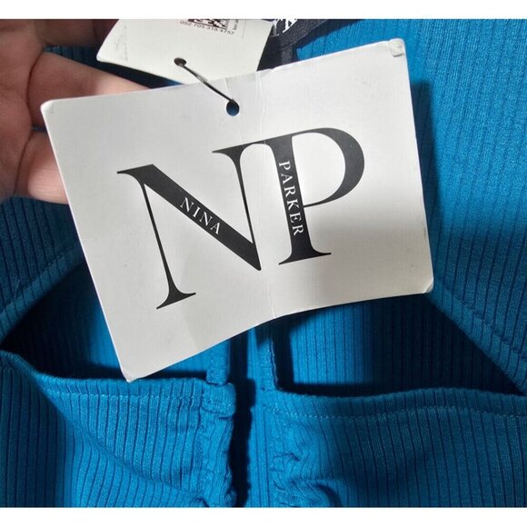 Nina Parker Midi Dress 2X Blue Cut Out Stretch Ribbed Ruched Short Sleeve Casual - Picture 9 of 16